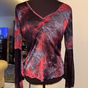 Vintage Garage Sheer Red and Black Tie-Dye V-Neck Blouse